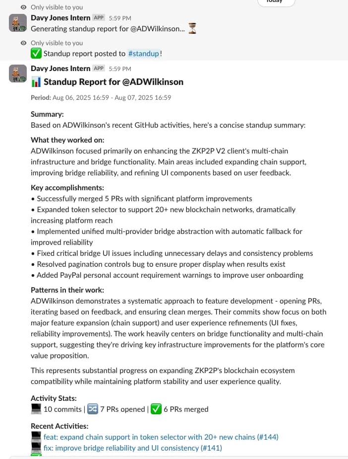 Intern providing work summary for standup