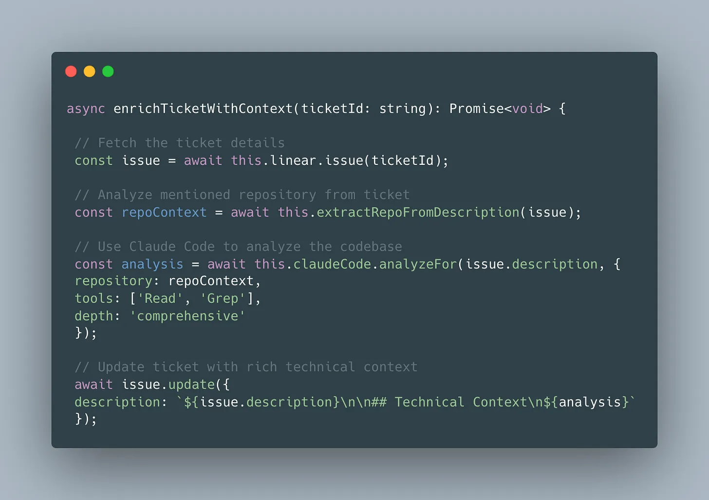 Linear service integration showing domain-aware ticket enhancement